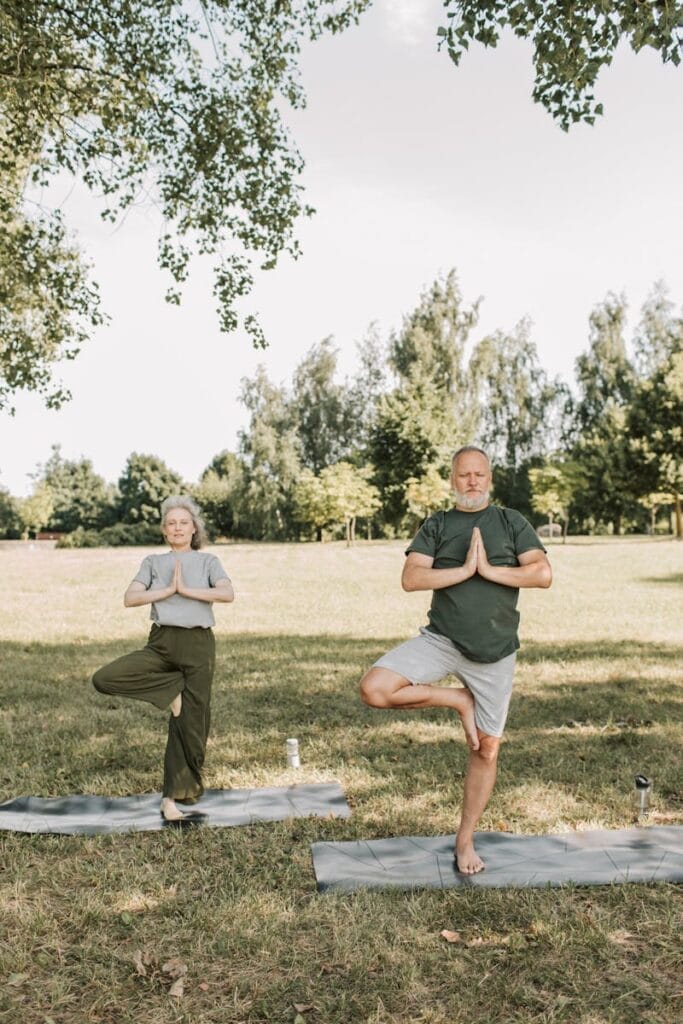 Yoga para Relaxamento e Bem-Estar: Guia Completo para Iniciantes 7 Elderly couple performing tree pose yoga outside on a sunny day in a park.